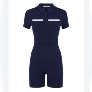 Peachy Den navy blue white jumpsuit romper fitted collared size XS